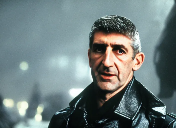 Image similar to film still andrej babis wearing leather coat as a detective in blade runner, 8 k