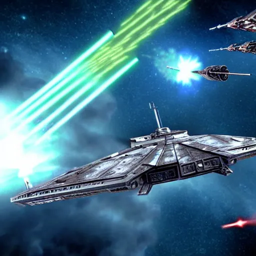 Image similar to Battle between an Imperial Star Destroyer and X-Wing fighters shooting lasers at eachother, the battle takes place inside the atmosphere of a planet