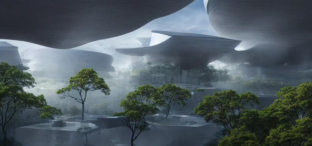 Prompt: highly detailed futuristic temple architecture in the clouds by Tadao Ando and, reflective lighting, holographic, stylized vegetation, ground-level view, stunning sunny lighting, sunrise, foggy atmosphere, waterfalls, vivid colors, lights, in the style of pixar animation, trending on Artstation, 8k, matte painting, ray tracing, hyper detailed, unreal engine 5, cinematic, epic lighting, cryengine, octane render, cyberpunk, red and orange glow, vibrant