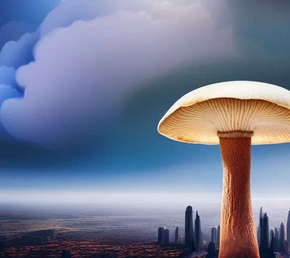 Prompt: a giant mushroom that stretches above the clouds with an upside down city built under the cap. highly detailed 8 k. intricate. lifelike. soft light. nikon d 8 5 0. cinematic post - processing