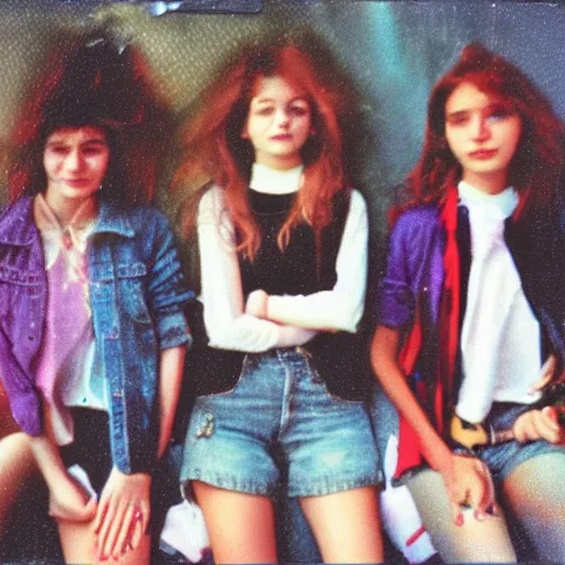 Image similar to French teenagers in the 80's, flash color polaroid, detailed