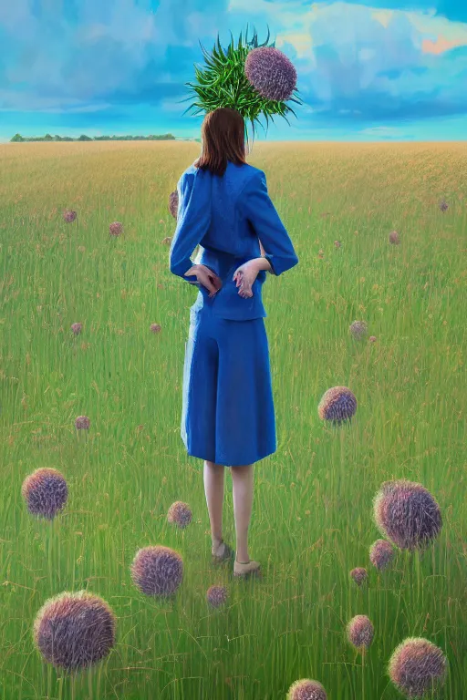 Image similar to portrait, giant thistle flower under head, a girl in a suit in field of flowers, surreal photography, sunrise, blue sky, dramatic light, impressionist painting, digital painting, artstation, simon stalenhag