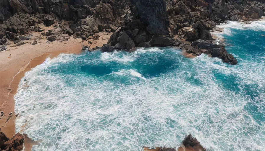 Image similar to beautiful crystal water sea with big waves, big sandy beach in the foreground, sun in the sky, hyperdetailed, artstation, cgsocitety, 8 k