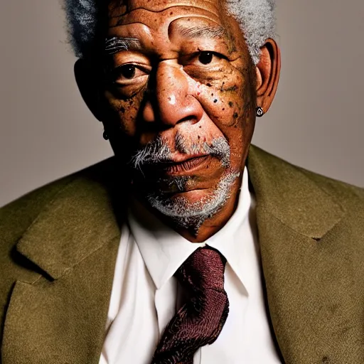 Image similar to a studio photograph of Morgan Freeman dressed as Travis Scott, 40mm lens, shallow depth of field, split lighting