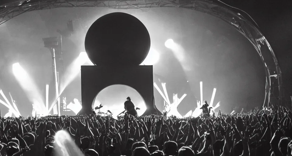 Image similar to a photo of the prodigy playing live with aphex twin on mars in a domed sold out arena