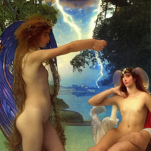 Image similar to The chalice of the angels, refracted sparkles, thunderstorm, greek pool, beach and Tropical vegetation on the background major arcana sky, by paul delaroche, alphonse mucha and arnold böcklin, hyperrealistic 8k, award-winning, very very very detailed