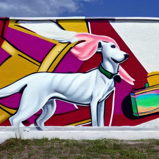 Prompt: graffiti mural of a white greyhound wearing a panama hat