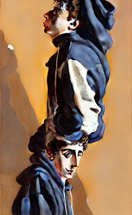 Image similar to Timothee Chalamet wearing hoodie, night time, looking at his reflection, +++ super super super dynamic posing, j.c. leyendecker, Valentina Remenar, kodachrome, thick eyebrows, super serious facial expression