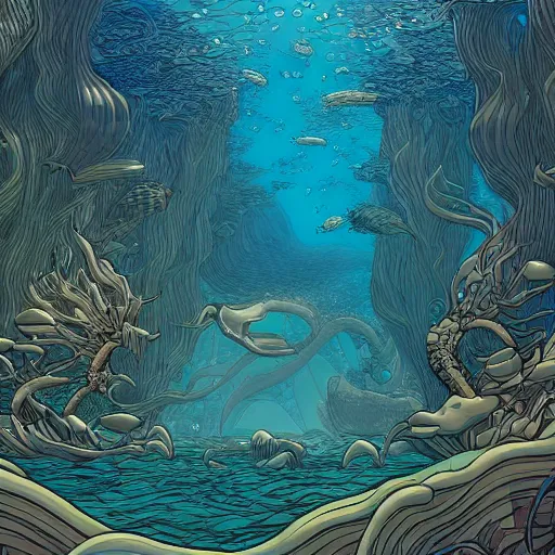 Prompt: metallic ethereal underwater paradise in the style of moebius, james jean, mcbess!!!, cinematic, highly detailed, award winning, 8 k photorealistic