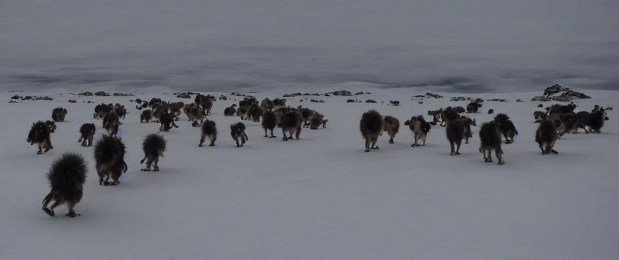 Image similar to filmic extreme wide shot movie still 4 k uhd interior 3 5 mm film color photograph of a bunch of creatures running around mcmurdo station in antartica at night