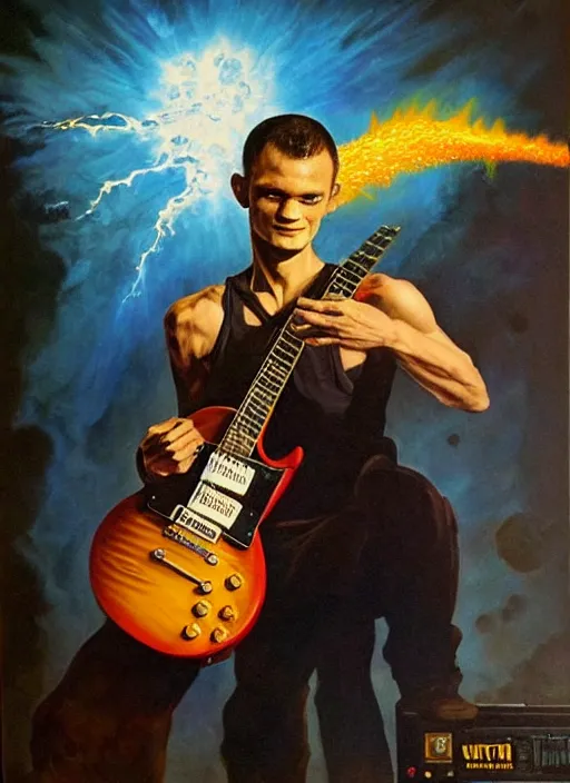 Prompt: vitalik buterin ( shredding on a gibson les paul, painting by frank frazetta, heavy metal artwork, bad motherfucker vitalik playing an incredible solo while a volcano erupts, computer science, high intensity ethereum marketing, 3 d 8 k )