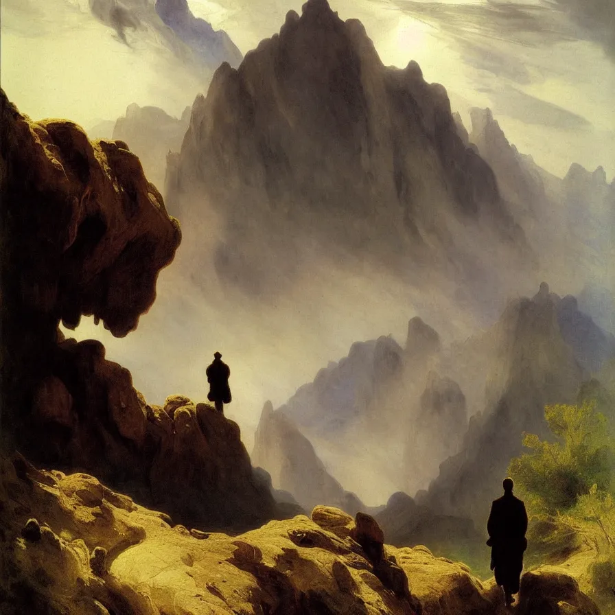 Prompt: artwork about a lonely man walking deserted hills serpenting in the distance, painted by thomas moran and albert bierstadt. monochrome color scheme.