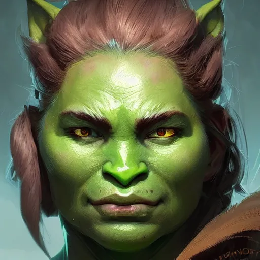 Image similar to character portrait of a green orc female, light green tone beautiful face by greg rutkowski, trending on artstation