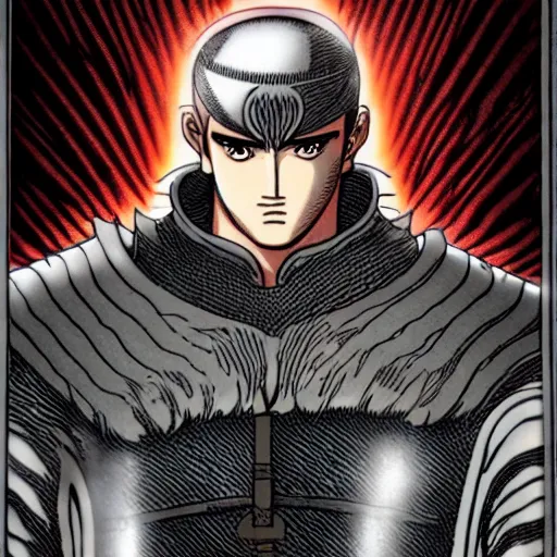 Prompt: an up close ultra detailed panel from berserk of guts wearing his berserker armor with his eyes glowing red, berserk manga, colored manga panel