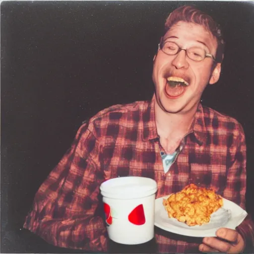 Image similar to polaroid photo of the happiest man in the world eating kfc