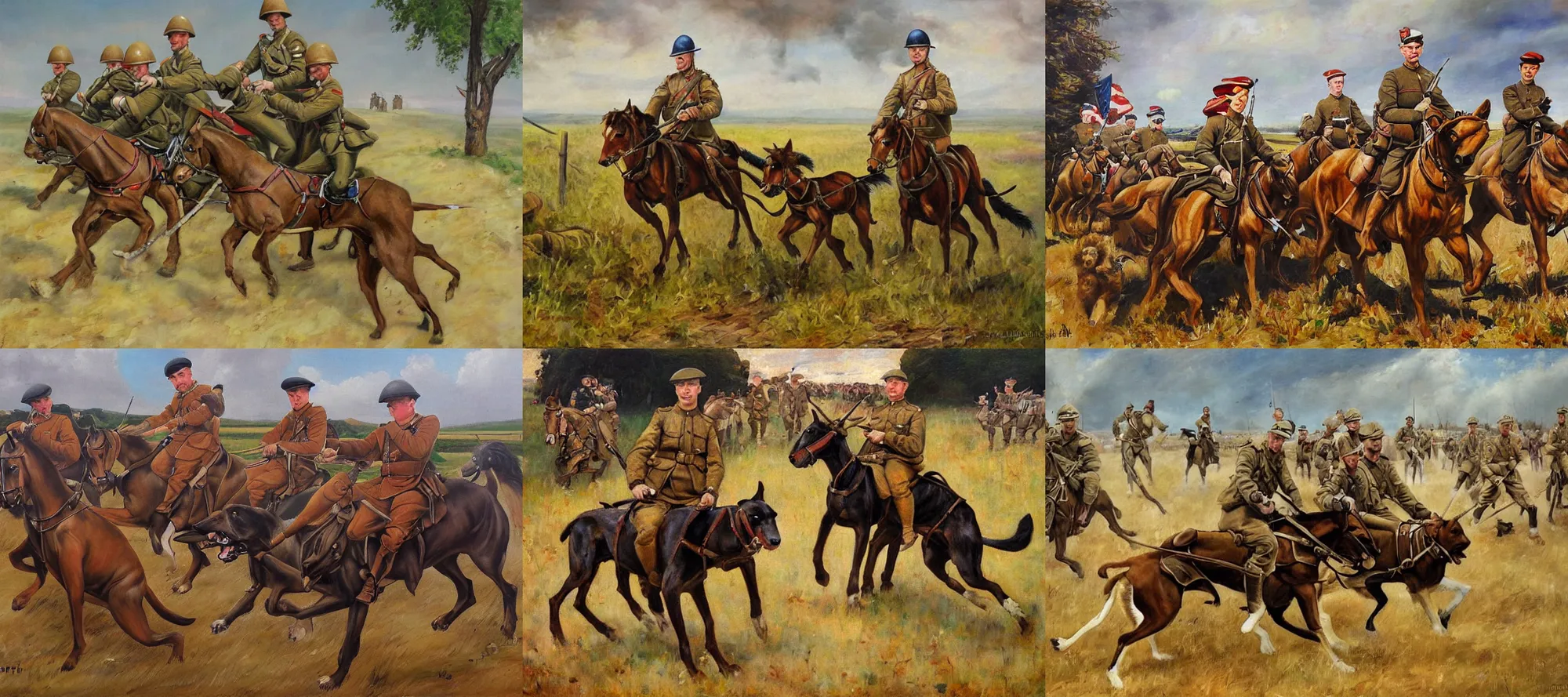 Prompt: historic paintings ww1 soldiers riding happy dogs oil on canvas