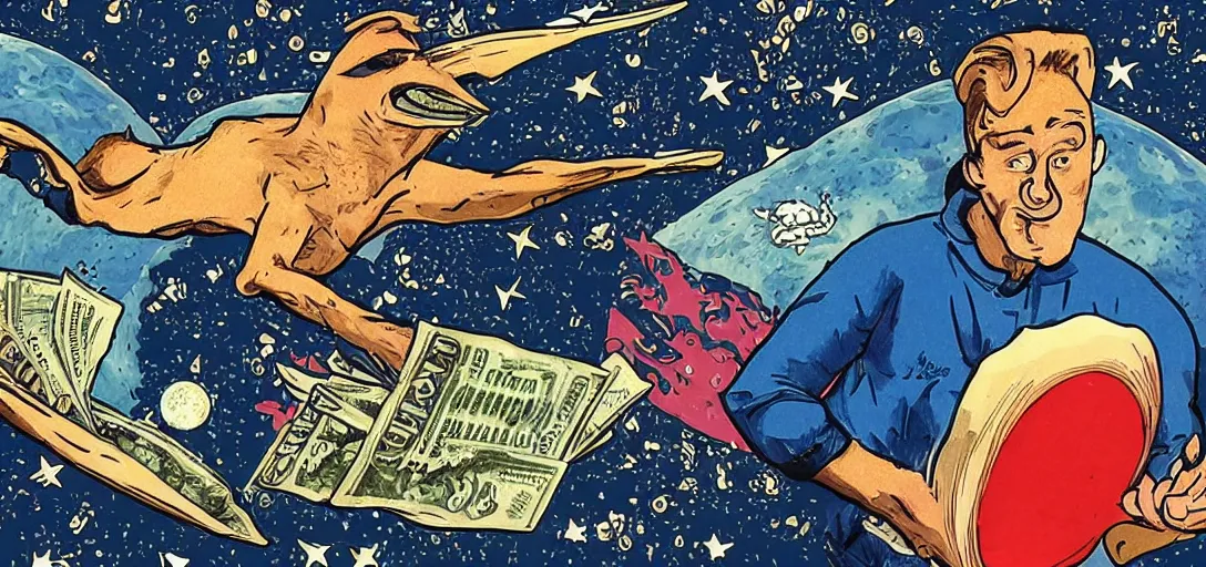 Image similar to mr beast surfing on money beyond the moon