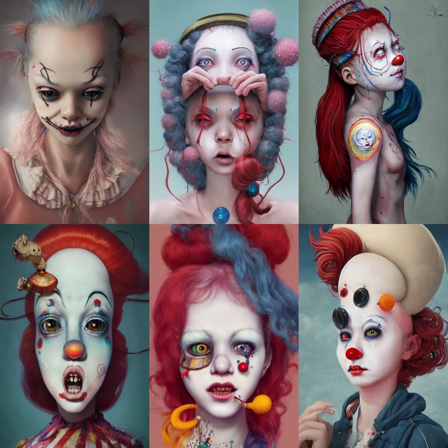 Image similar to breathtaking detailed painting of clown girl , with anxious, piercing eyes, Atari game cover art by Hsiao-Ron Cheng, James jean, Miho Hirano, Hayao Miyazaki, extremely moody lighting, hyperrealistic, octane render, RPG portrait, ambient light, dynamic lighting