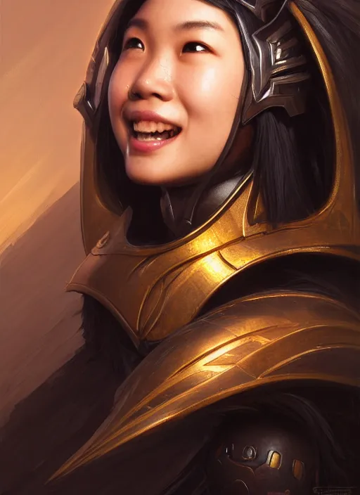 Prompt: Close-up portrait of smiling young asian woman wearing a pitch black armor and a winged helmet, portrait, fireball, highly detailed, digital painting, artstation, concept art, sharp focus, illustration, art by artgerm and greg rutkowski and alphonse mucha