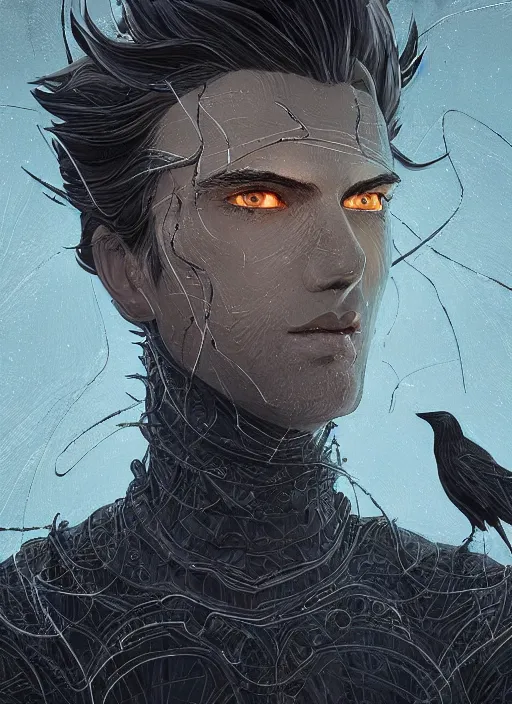 Image similar to beauty boy with a crows nest on his head, cruelty, black crows, light effect, hyper detailed, intricate, elegant, highly detailed, digital painting, rule 3 4, artstation, concept art, matte, sharp focus, illustration, by dan mumford, yusuke murata, makoto shinkai, ross tran