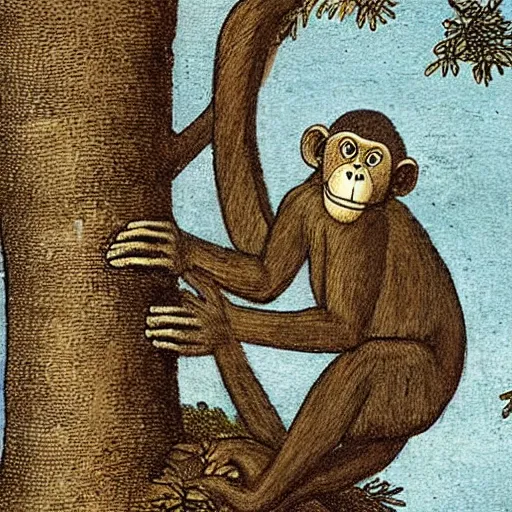 Prompt: a monkey climbing a tree in the style of Leonardo DaVinci