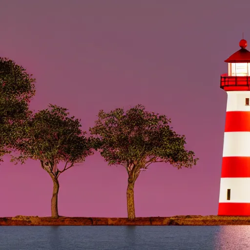 Image similar to A red and white striped lighthouse shining out onto the sea; a white house with a red roof with the lights on inside; thin dark trees behind; nighttime with stars behind; full moon;Octane 8K Rendering,