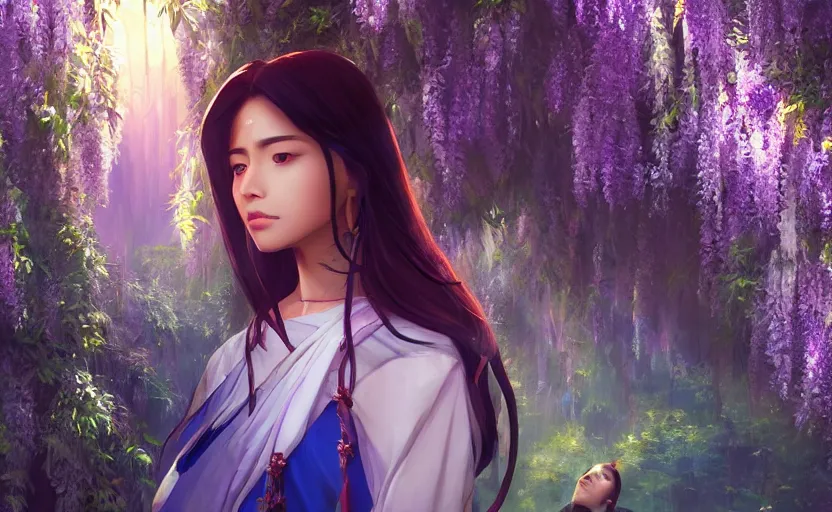 Image similar to beautiful Himalayan woman, sci-fi tibetan fashion, brown hair, somber, scene of a summer forest with glowing blue wisteria, dramatic light, wide angle, dramatic pose, dramatic angle , 8k hdr pixiv by Makoto Shinkai and Wojtek Fus