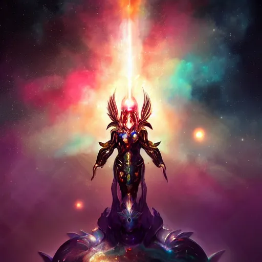 Image similar to photorealistic fantasy cosmic concept art of a cosmic god with armor made out of planets and dark matter, hovering in a unknown galaxy, fully body portrait, cinematic, dynamic lighting, ultra detailed, creative, trending on art station, stunning visuals, creative