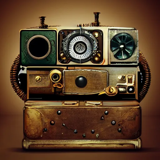 Prompt: steampunk tape recorder, fisheye, digital art, 8k, fine details, trending on artstation