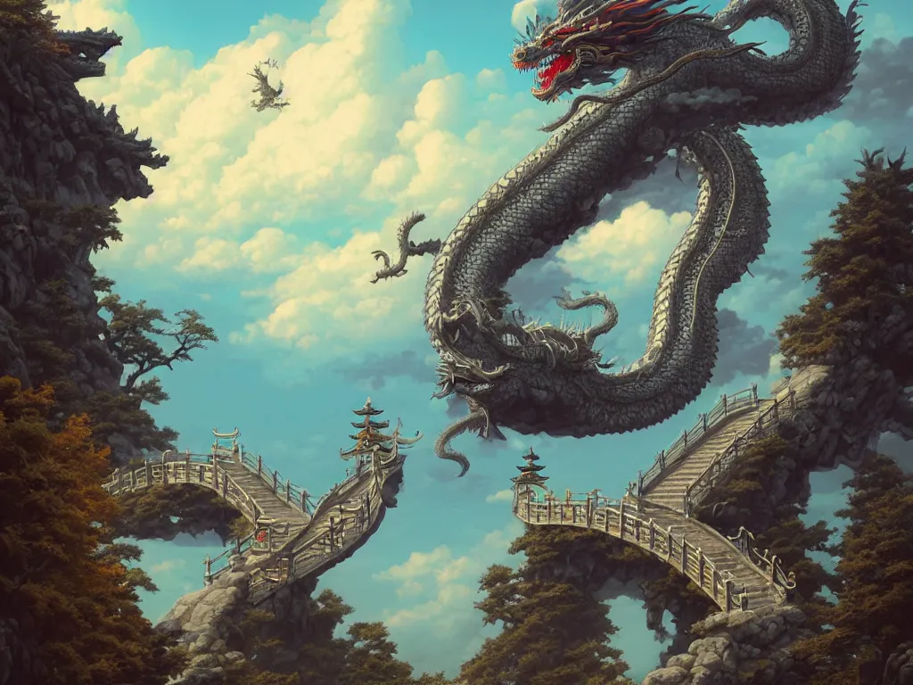 Prompt: a simple shinto gate stands atop stone stairs on a mountain, a single chinese dragon by toriyama akira flies in the clouds above by peter mohrbacher and dan mumford and nekro, cgsociety, volumetric light, 3 d render