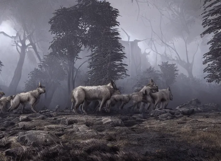 Image similar to a pack of giant wolfs walk through the ruins of a viking village, horror, dramatic lighting, dawn, by caspar david friedrich, unreal engine 5