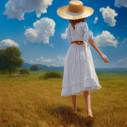 Image similar to girl in a white dress wearing sun straw hat looking at the bright blue sky with spiraling white sunny clouds digital art, highly detailed, intricate, by greg rutkowski, bright colours 8 k