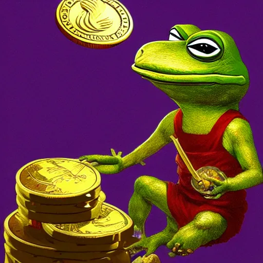 Image similar to super rich happy pepe, coins, gold, crystals, greg rutkowski