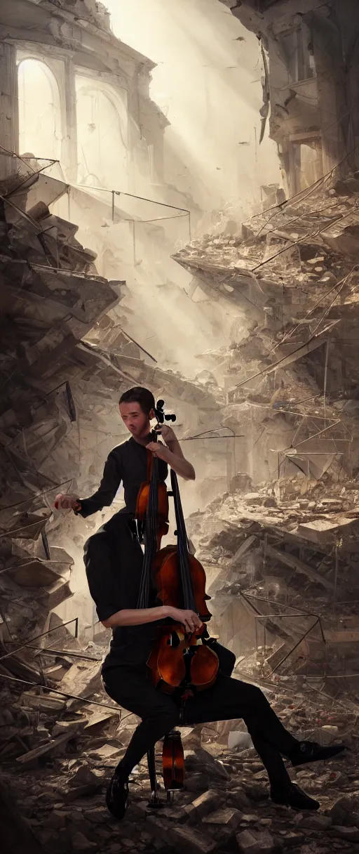 Prompt: a highly detailed portrait of a singular cellist playing in the rubble of a fallen building, beautifully lit, concept art, sharp focus, in the style of steve argyle, artstation HD, octane render