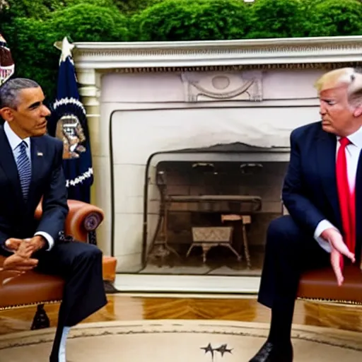 Prompt: trump meeting with barack obama, photorealistic, in the white house, wide angle