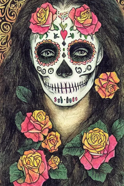 Prompt: Illustration of a sugar skull day of the dead girl, art by charles maurice detmold