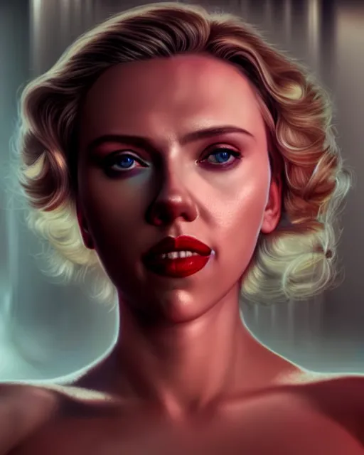 Image similar to highly detailed vfx portrait of scarlett johansson, red lipstick, global illumination, detailed and intricate environment