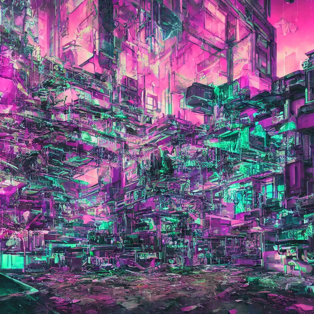 Prompt: urbex, vaporwave synthwave cyberpunk psychedelic