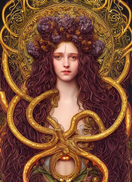 Prompt: ultradetailed ornate pre-raphaelite RPG illustration of beautiful symmetric Medusa radiating glowing aura wearing an art nouveau flowery armor with much decorum and modesty, digital airbrush painting, 3d rim light, hyperrealistic masterpiece, artstation, cgsociety, kodakchrome, golden ratio