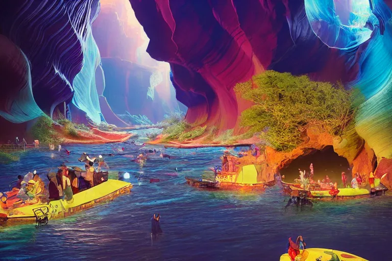 Image similar to floating markets of times square river on bioluminescent wave in antelope canyon during sakura season on an interstellar aurora borealis, gold waterfalls, vendors, festivals, fun, by peter mohrbacher, james jean, james gilleard, greg rutkowski, vincent di fate, rule of thirds, octane render, beautiful landscape