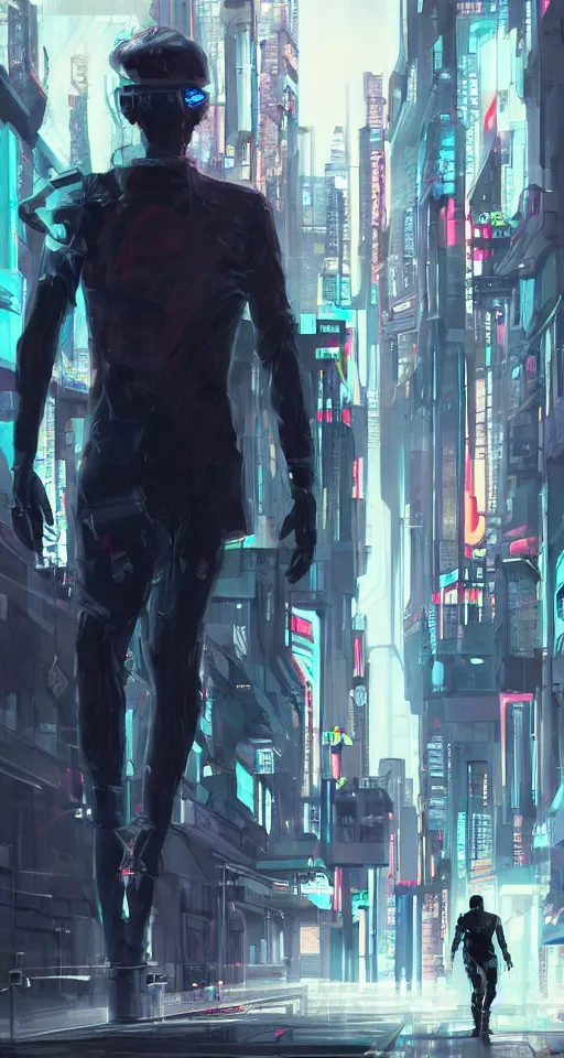 Image similar to concept art portrait of male cyberpunk walking through futuristic town