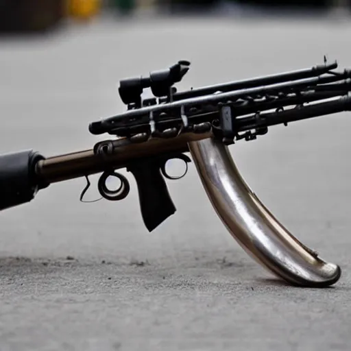 Prompt: an assault rifle with the end of a trumpet