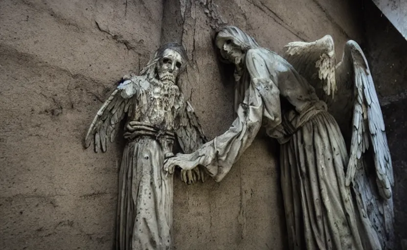 Prompt: several decrepit creepy statues of the archangel gabriel, strewn about in a dark claustrophobic old sewer, realistic, security camera footage, wide shot, sinister, foreboding, grainy photo