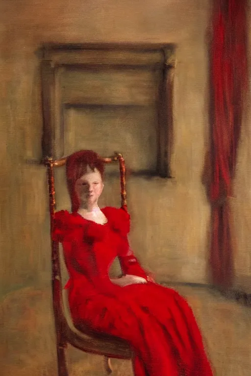 Image similar to an empty red dress laid across a chair in a dark victorian era room. in the style of american impressionism painting.