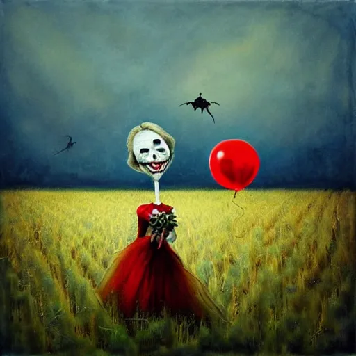 Image similar to grunge painting of a cornfield with a wide smile and a red balloon by chris leib, loony toons style, pennywise style, corpse bride style, horror theme, detailed, elegant, intricate, conceptual, volumetric light