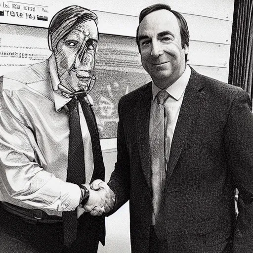 Image similar to “ very photorealistic photo of alex jones meeting saul goodman, award - winning details ”