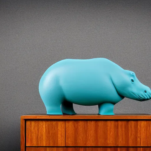 Prompt: a smooth museum - quality hippopotamus made of polished wood with visible wood grain grafted onto teal blue ceramic, hd photograph, matte gray background