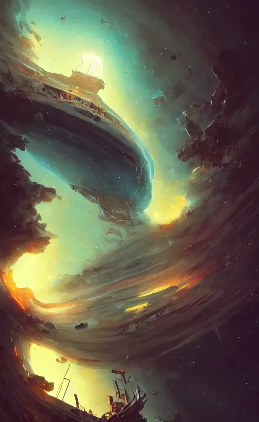 Image similar to a beautiful illustration of a black hole devouring a pirate ship in a galactic nebula, art of greg rutkowski and magali villeneuve and artgerm, featured on artstation, vertical orientation, paint brush strokes