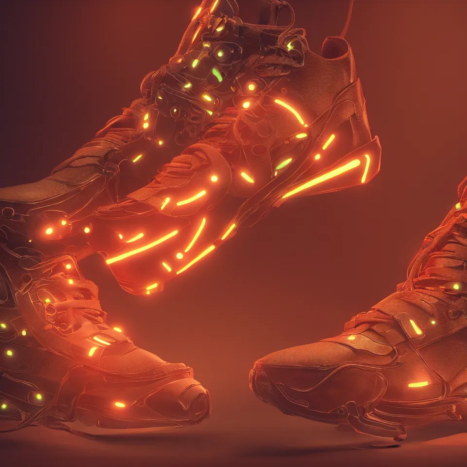 Image similar to realistic 8 k sculpture of a cyberpunk sneaker with neon illuminated rubber soles and soft orange shoelaces, beautiful studio lighting, soft, sharp focus, cyberpunk, intricate detail, gold and red accents, soft rubber, octane render, trending on artstation, deviantart, art by converse