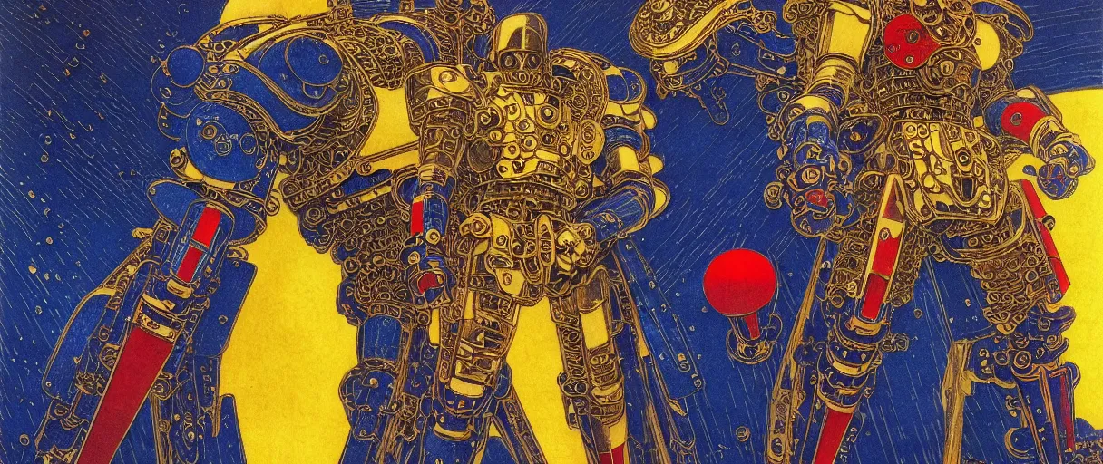 Prompt: composition gothic of and futuristic, warhammer, cyber japan style armor, scars, thunderstorm, blue, red, yellow, many mechflowers, the middle ages, highly detailed, artstation, in the style of moebius, jugendstil and classic japanese print, art by max ernst and gustav klimt, compositon by jean rene magritte